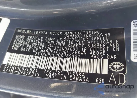 2019 Toyota Corolla Le z USA, uszkodzony, nr VIN 2T1BURHE3KC169102